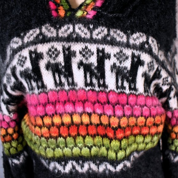 Vtg Sisandina Handicrafts Alpaca Wool Hooded Sweater: Black, Pink, Green, Orange - Picture 6 of 10